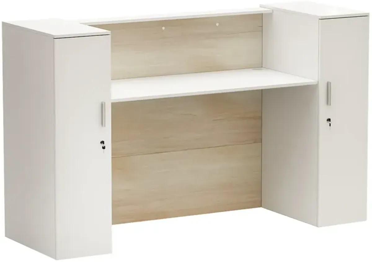 FUFU&GAGA Reception Desk with Dual Cabinets and Open Workspace, (70.9" W x 23.6" D x 43.3" H),White and Brown