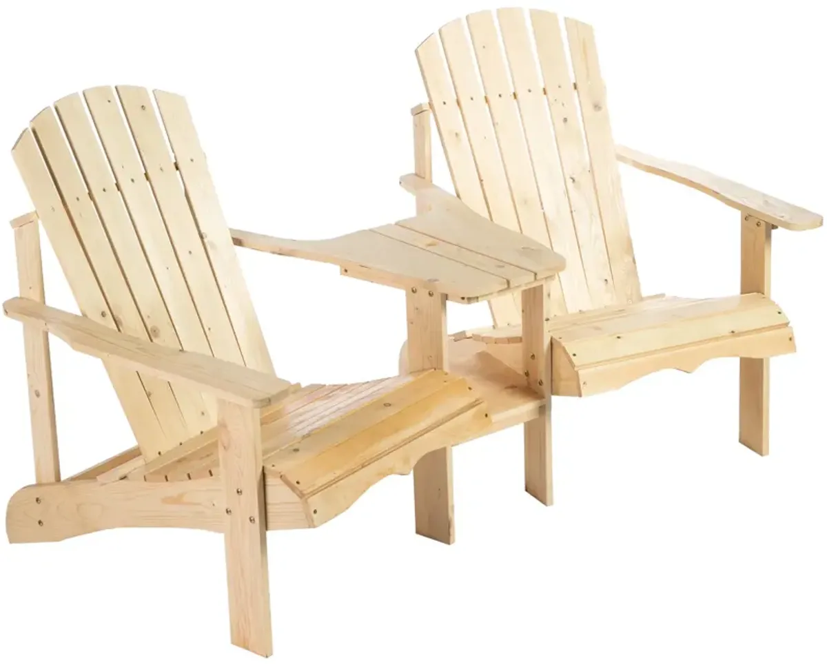 Outsunny Wooden Adirondack Chair for Two, Outdoor Fire Pit Chair Set with Table & Umbrella Hole, Patio Chairs for Deck Lawn Pool Backyard, Natural