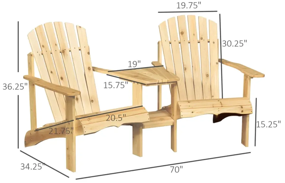 Outsunny Wooden Adirondack Chair for Two, Outdoor Fire Pit Chair Set with Table & Umbrella Hole, Patio Chairs for Deck Lawn Pool Backyard, Natural