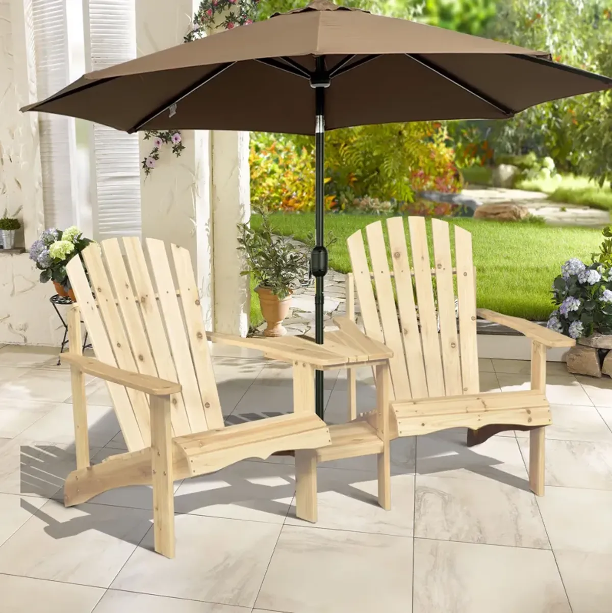 Outsunny Wooden Adirondack Chair for Two, Outdoor Fire Pit Chair Set with Table & Umbrella Hole, Patio Chairs for Deck Lawn Pool Backyard, Natural