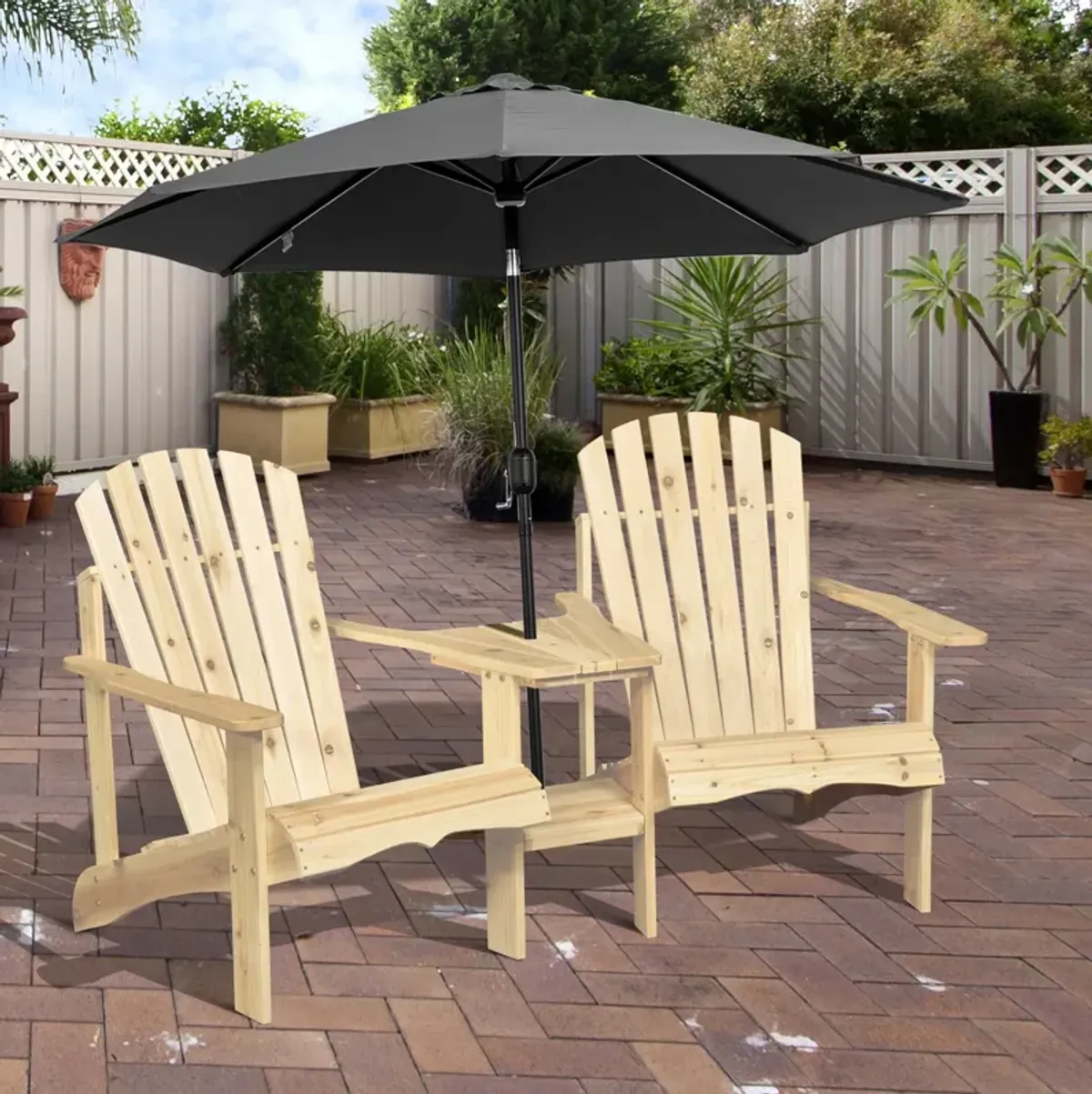 Outsunny Wooden Adirondack Chair for Two, Outdoor Fire Pit Chair Set with Table & Umbrella Hole, Patio Chairs for Deck Lawn Pool Backyard, Natural