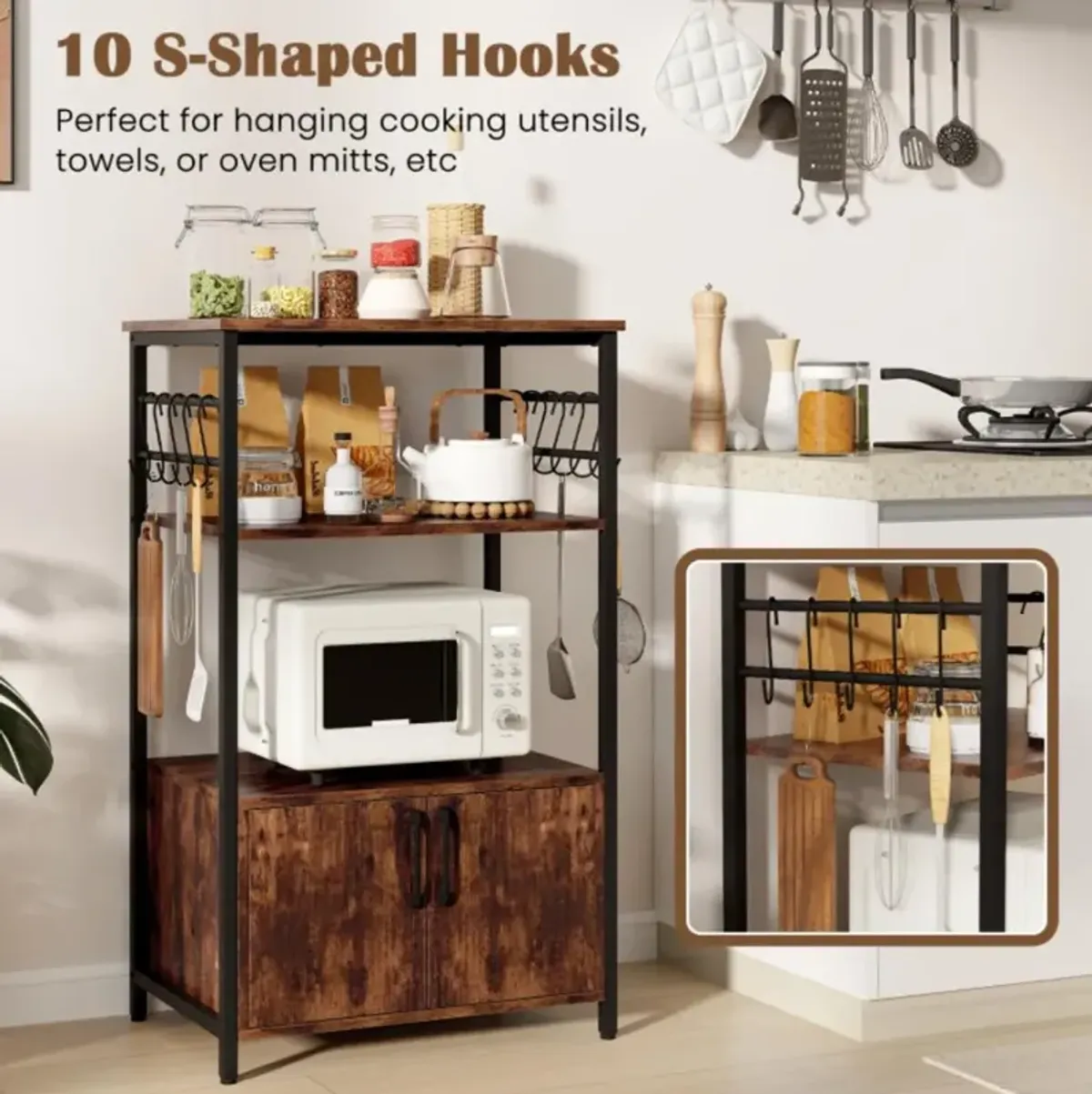 Hivvago 3-Tier Kitchen Bakerâ€™s Rack with Cabinet and 2 Open Shelves-Brown