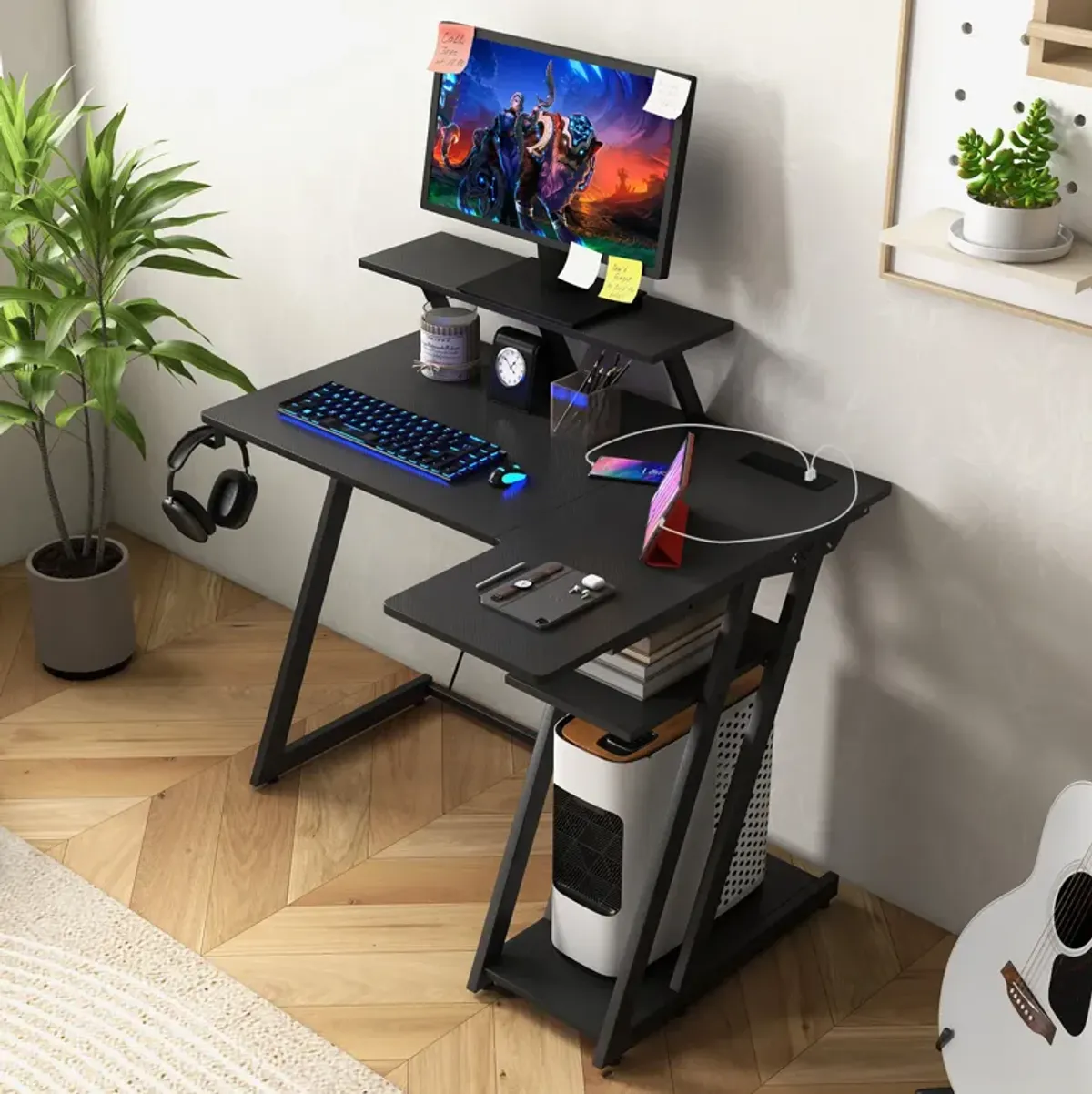 L Shaped Gaming Desk with Outlets and USB Ports