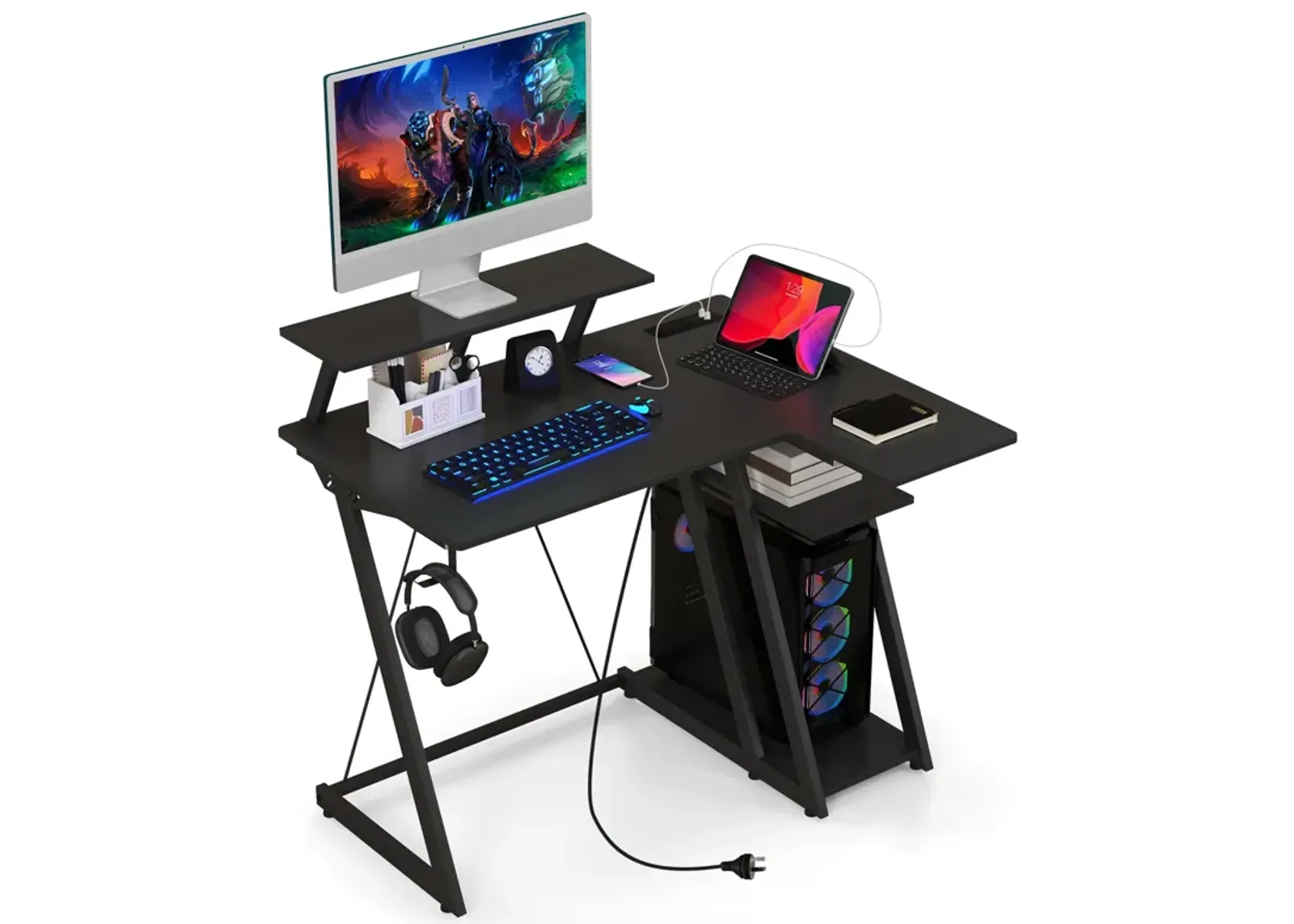 L Shaped Gaming Desk with Outlets and USB Ports