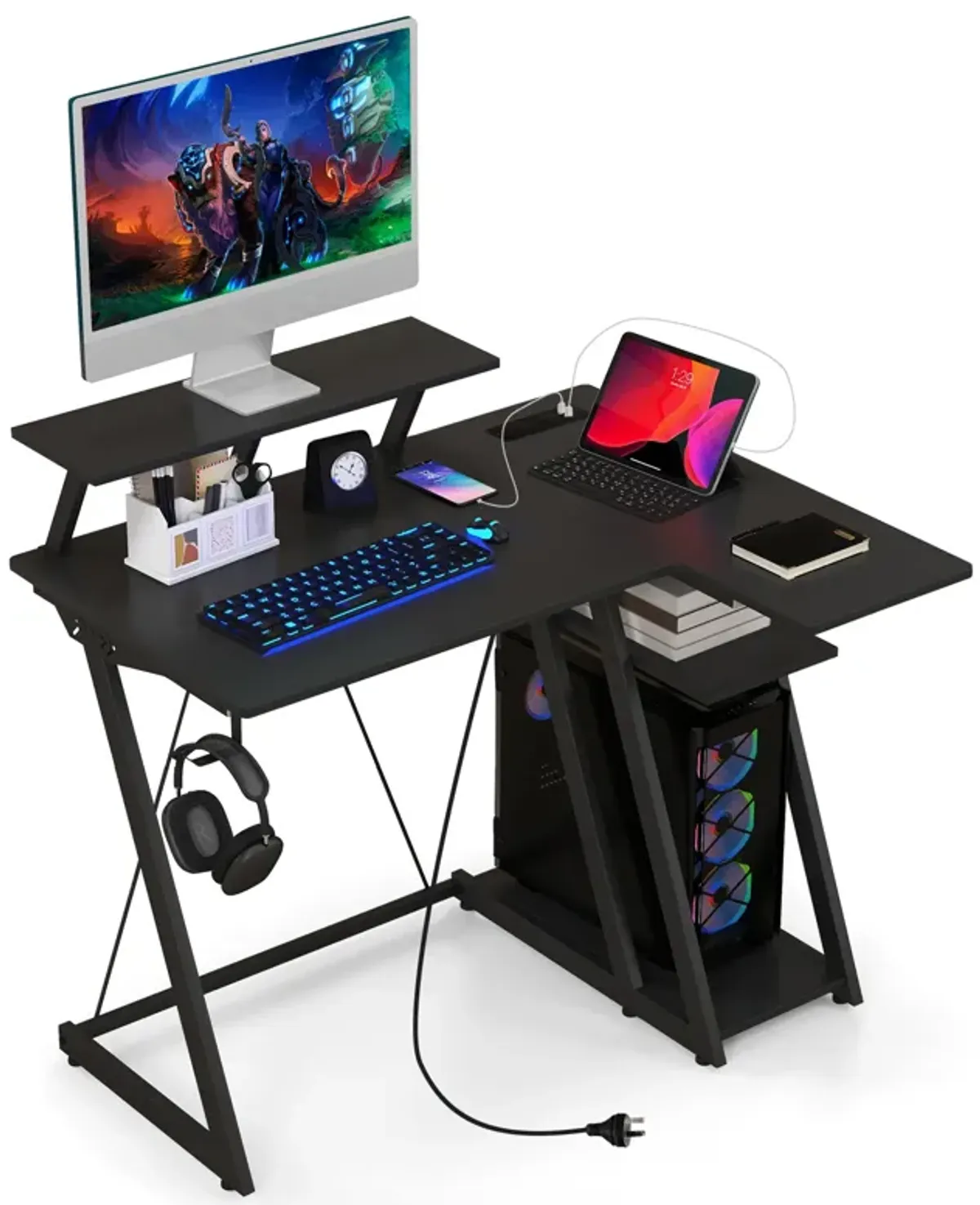 L Shaped Gaming Desk with Outlets and USB Ports