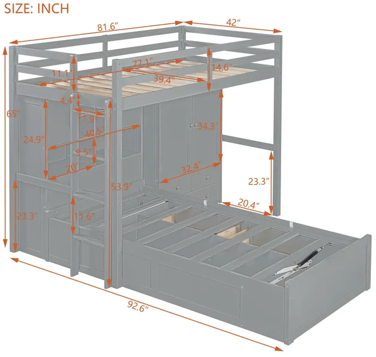 Merax Twin Bunk Bed with Wardrobe and Hydraulic Bed