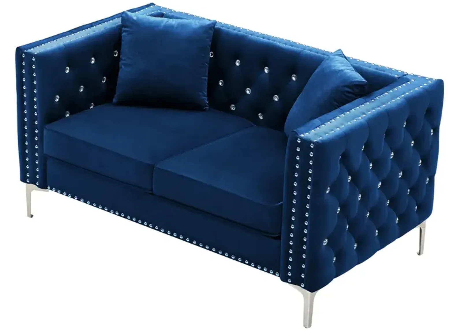 59.4 Inch Wide Blue Velvet Sofa With Jeweled Buttons, Square Arm, 2 Pillows