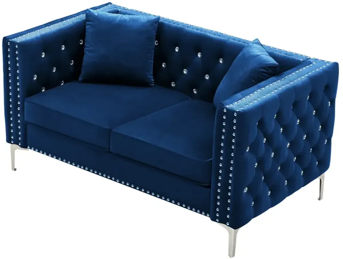 59.4 Inch Wide Blue Velvet Sofa With Jeweled Buttons, Square Arm, 2 Pillows