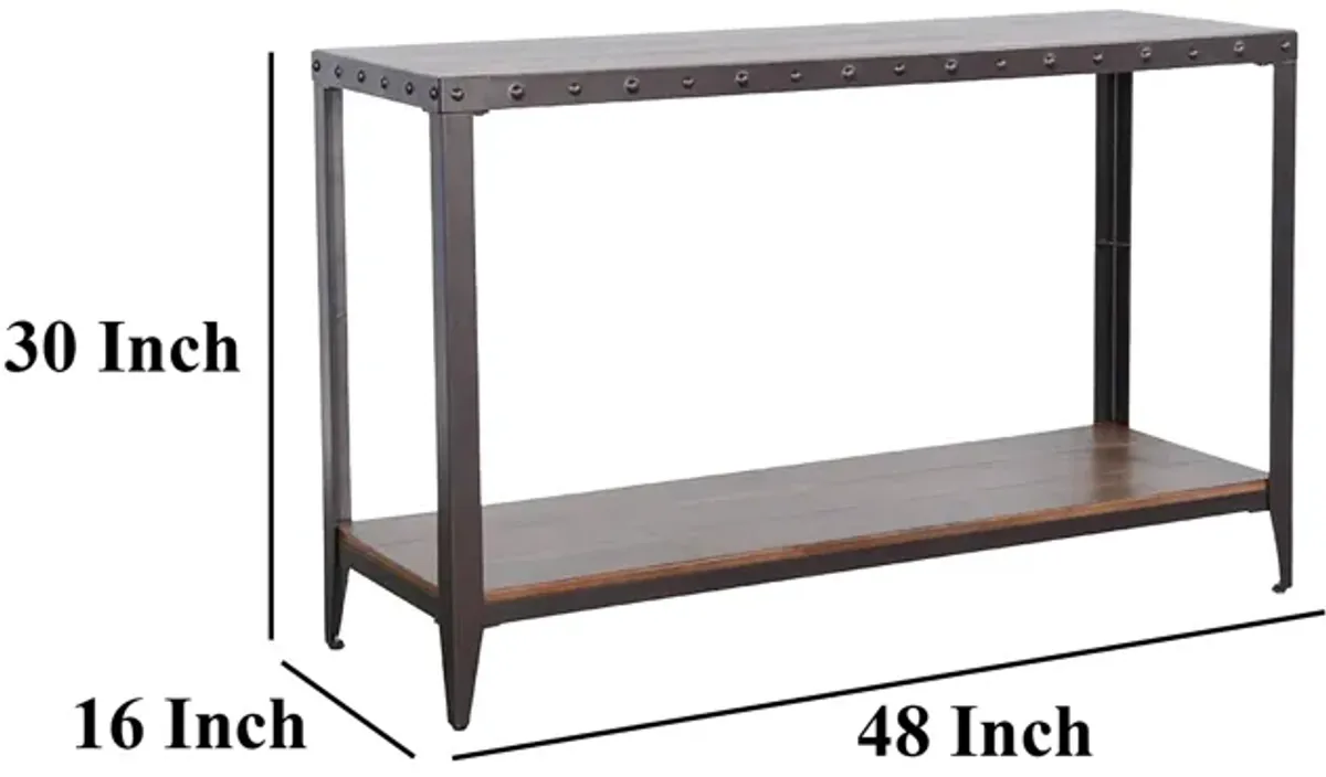 Ayka Sofa Table w Shelf, Nailhead Accent, 48 Inch Rectangular Brown - Benzara