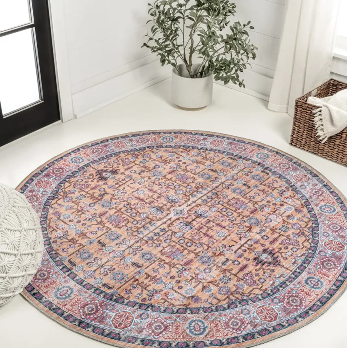 Kemer All-Over Persian Machine-Washable Round Area Rug