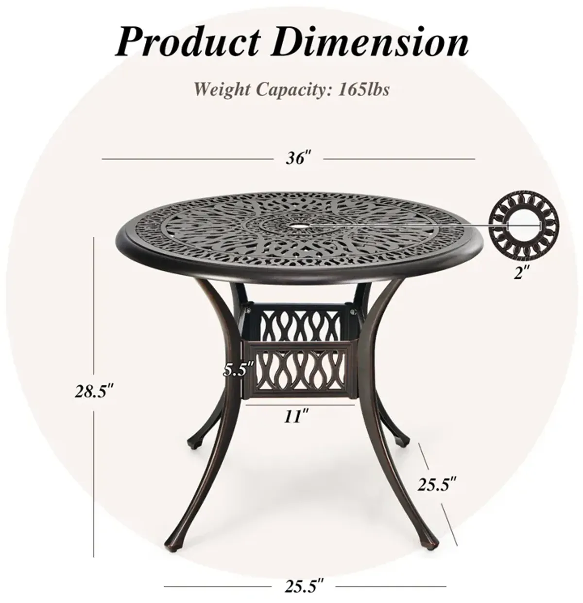 36 Inch Patio Round Dining Bistro Table with Umbrella Hole