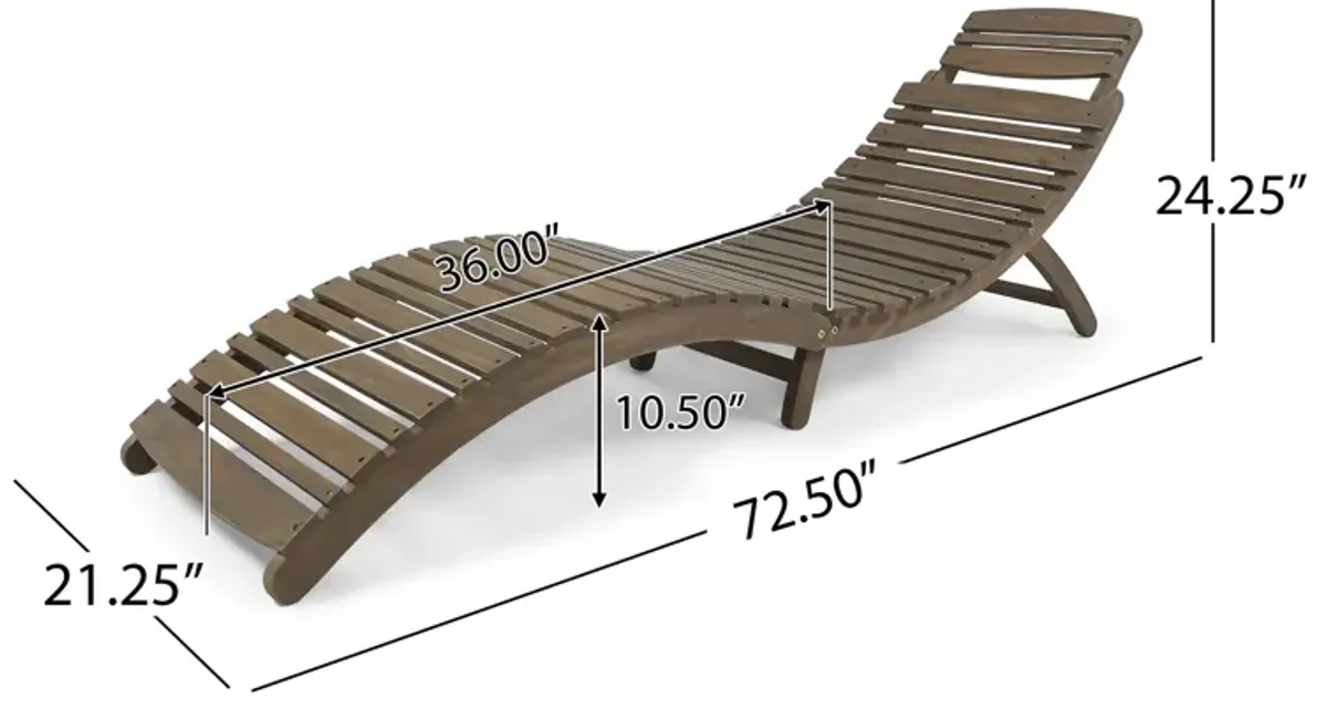 Hanie Outdoor Foldable Chaise Lounger, 73 Inch, Slatted Gray Acacia Wood