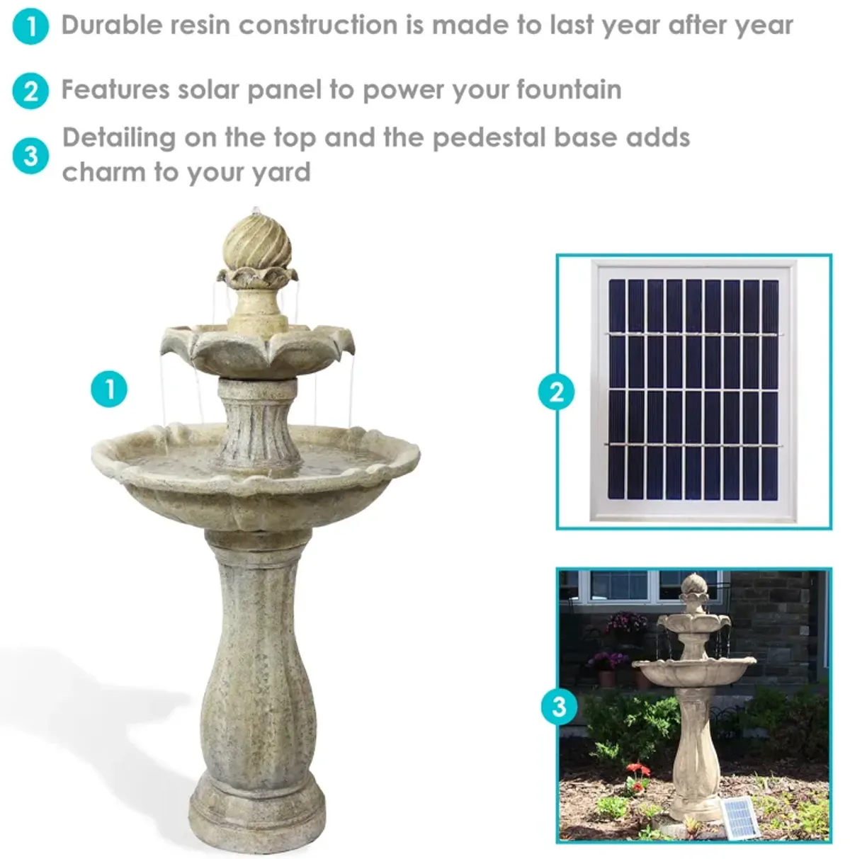 Sunnydaze Arcade Resin Outdoor 2-Tier Solar Fountain with Battery