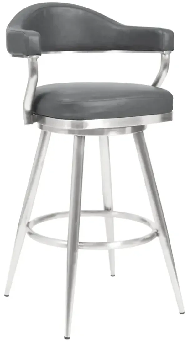 Knw 26 Inch Swivel Counter Stool Chair, Vintage Gray Faux Leather, Chrome - Benzara