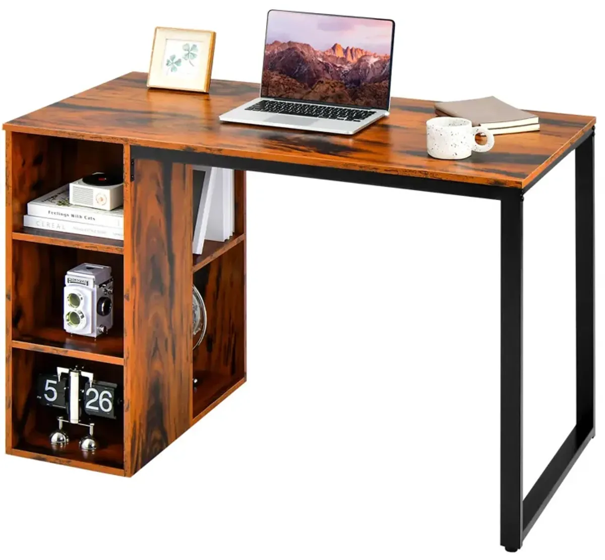 Computer Desk with 5 Side Shelves and Metal Frame