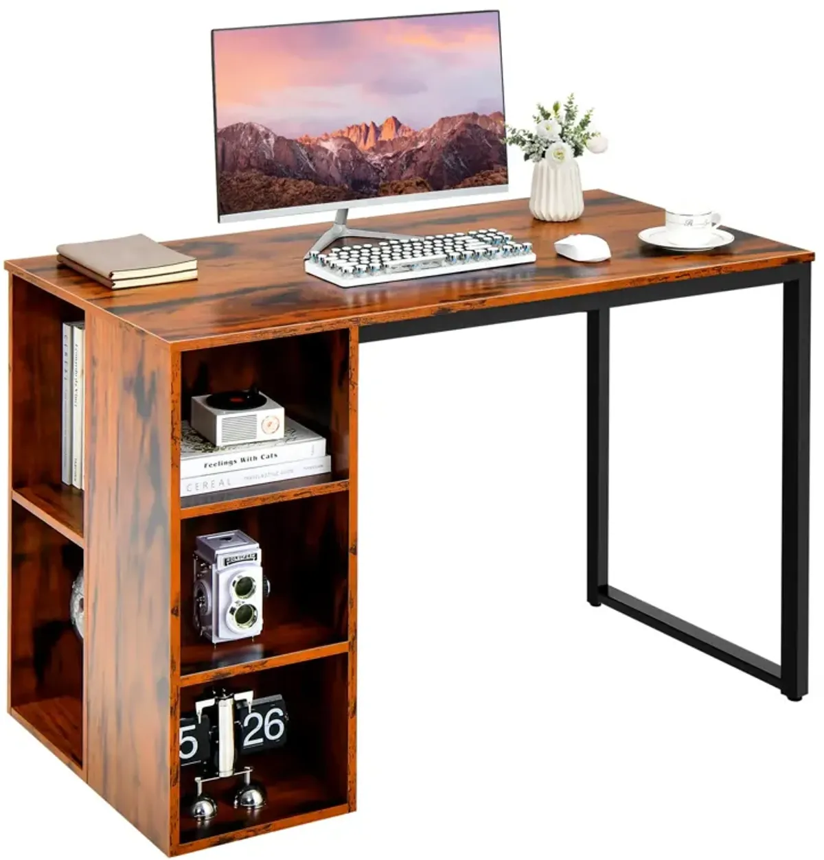 Computer Desk with 5 Side Shelves and Metal Frame