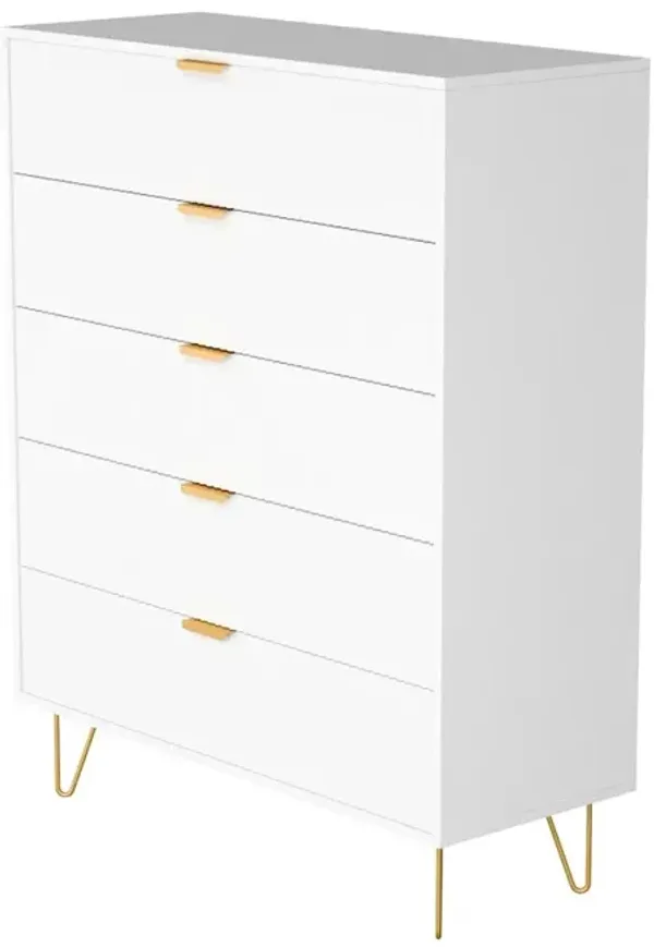 5-Drawer Chest in MDF Wood with Gold Metal Legs and Handles.