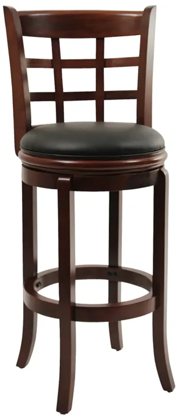 Sabi 29 inch Swivel Counter Stool, Solid Wood, Faux Leather, Brown, Black - Benzara