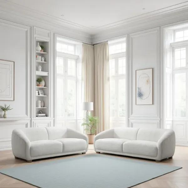 Oliver 2pc Sofa and Loveseat Set, Round Sloped Arms, Soft White Boucle - Benzara