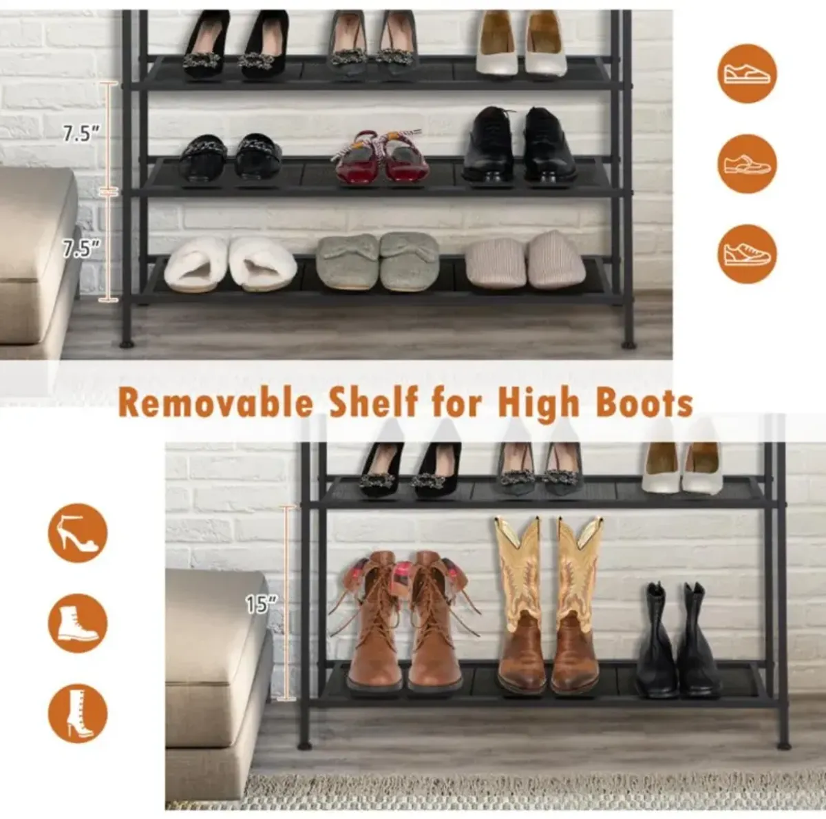 Hivvago Industrial Adjustable 5-Tier Metal Shoe Rack with 4 Shelves for 16-20 Pairs