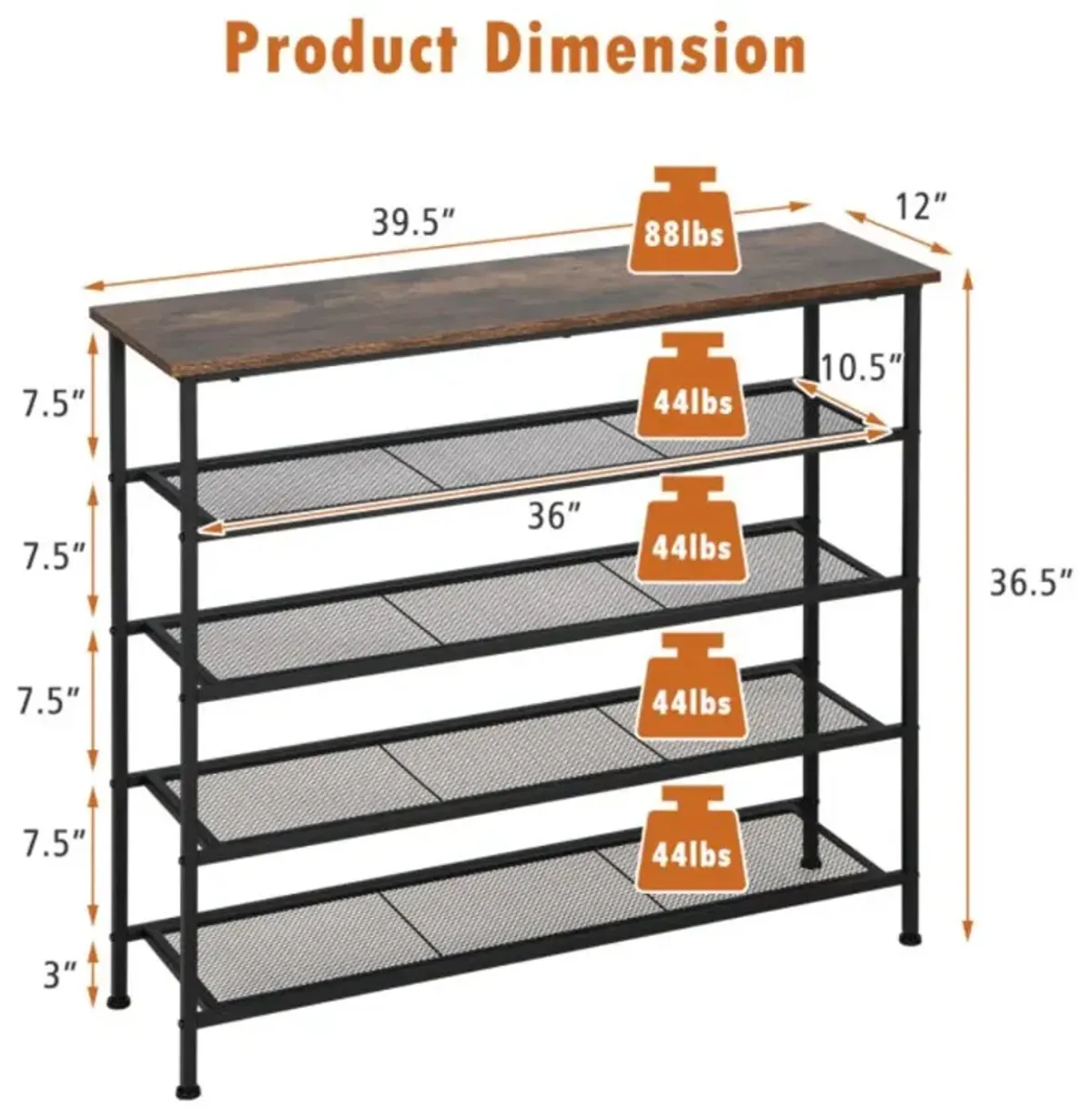 Hivvago Industrial Adjustable 5-Tier Metal Shoe Rack with 4 Shelves for 16-20 Pairs