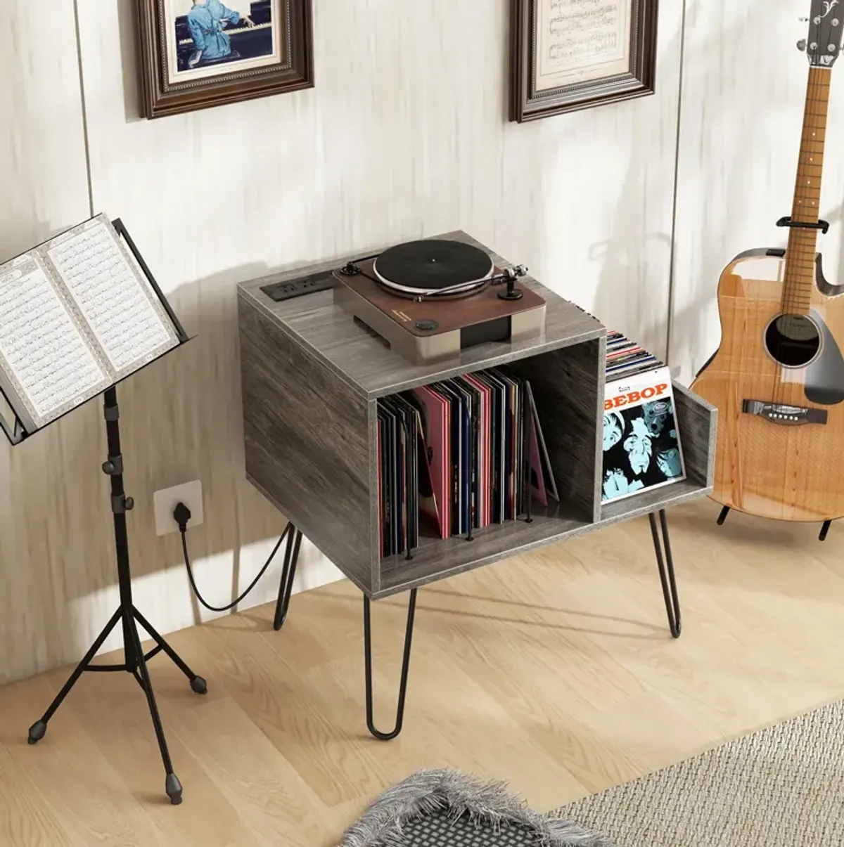 Mid-Century Record Player Stand with Power Outlet and Vinyl Storage Divider