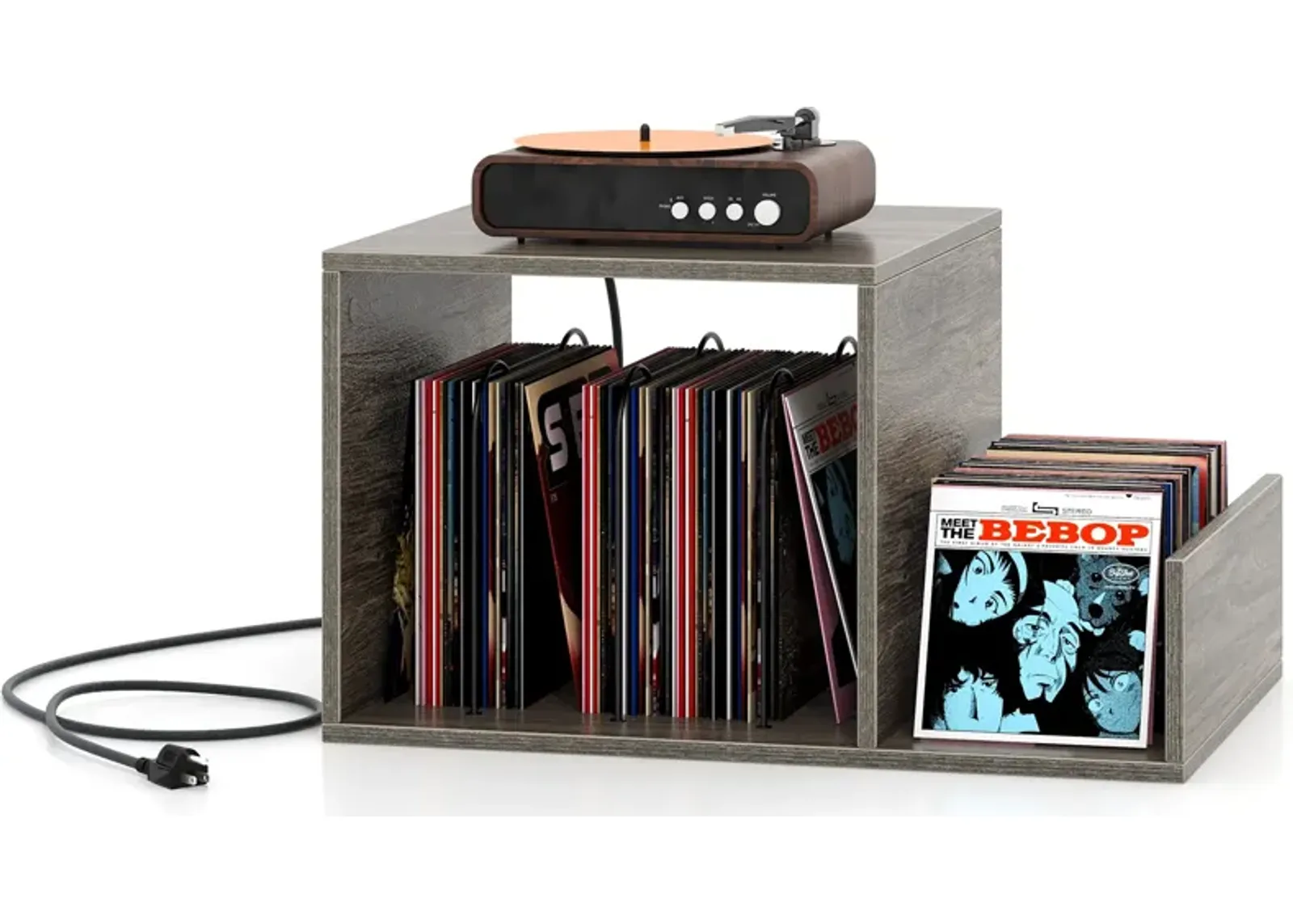 Mid-Century Record Player Stand with Power Outlet and Vinyl Storage Divider