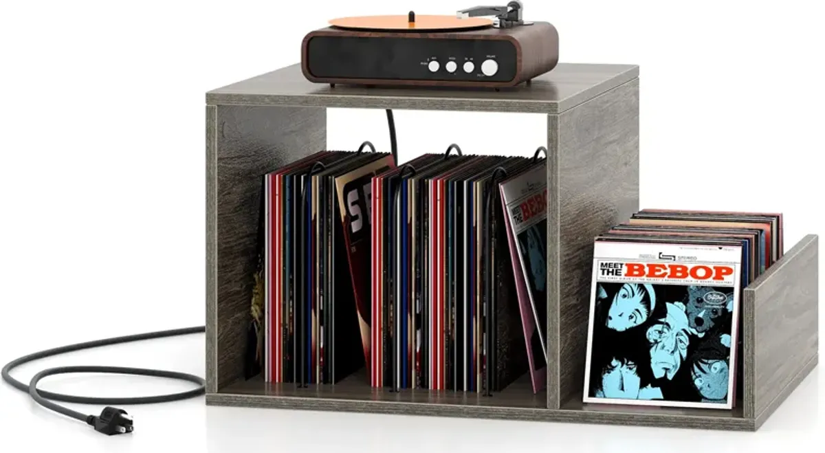 Mid-Century Record Player Stand with Power Outlet and Vinyl Storage Divider