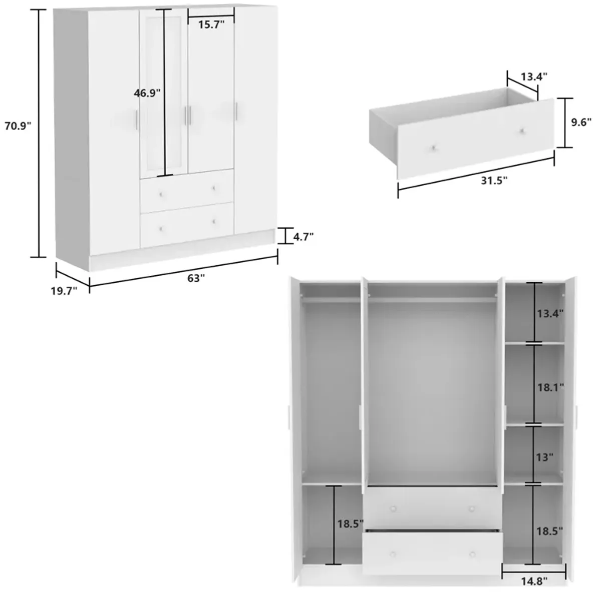 White 4-Door Armoires with Mirror, 2 Hanging Rods, 2-Drawers and Storage Shelves (19.7 in. D x 63 in. W x 70.9 in. H)