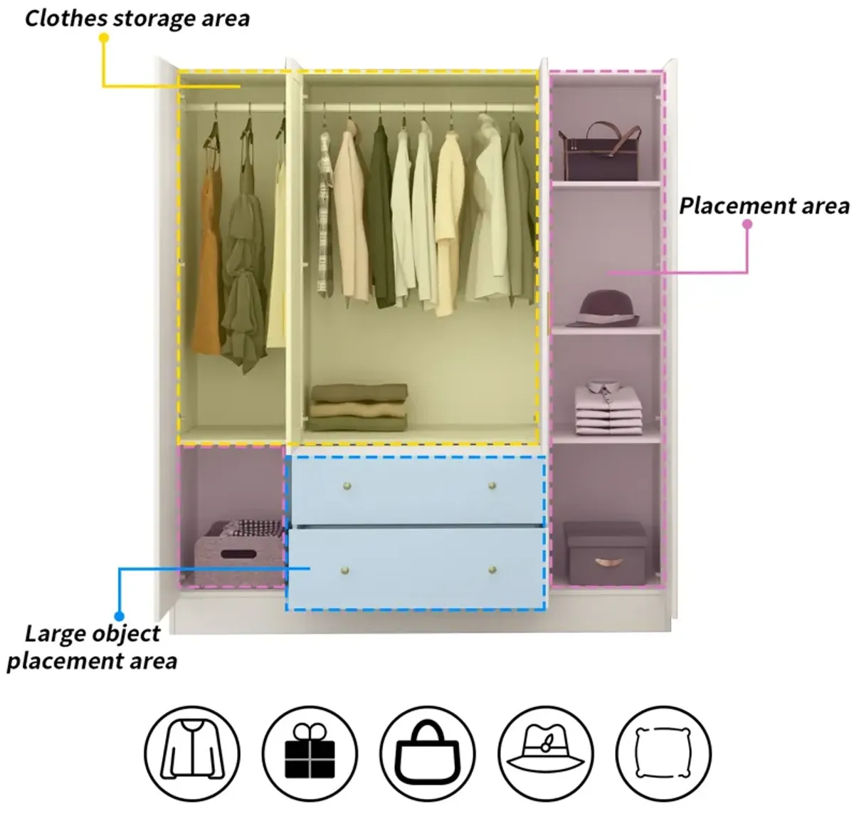 White 4-Door Armoires with Mirror, 2 Hanging Rods, 2-Drawers and Storage Shelves (19.7 in. D x 63 in. W x 70.9 in. H)