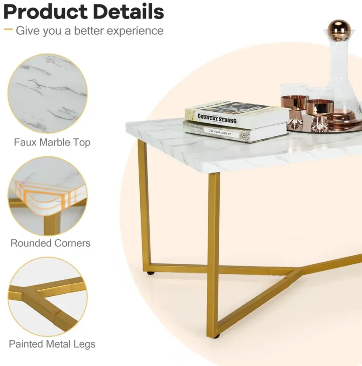 White Faux Marble Coffee Table with Gold Finished Metal Frame