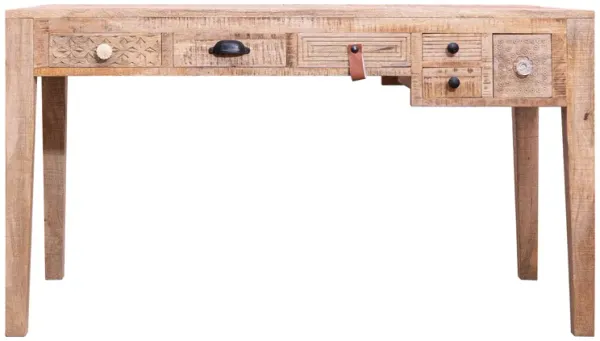 6 Drawer Grained Rustic Mango Wood Home Office Desk with Straight Legs, Weathered Brown-Benzara