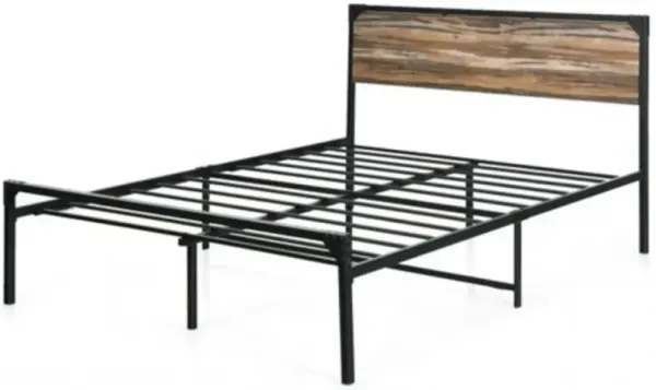 Farmhouse Metal and Wood Platform Bed Frame – Rustic Design with Headboard