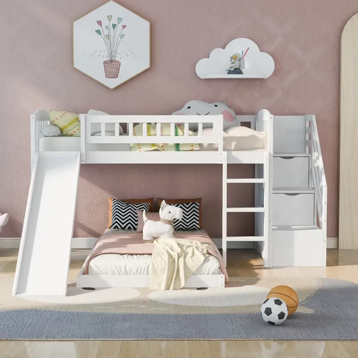 Stairway Twin Over Twin Bunk Bed With Two Drawers And Slide