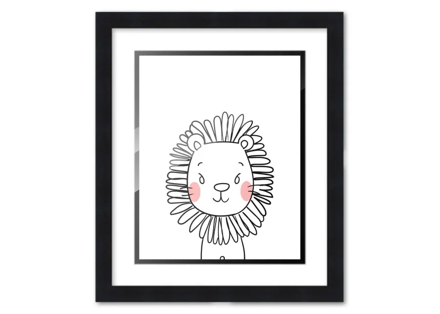 8x10 Framed Nursery Wall Art Black & White Lion Poster with White Mat in a 10x12 Black Wood Frame