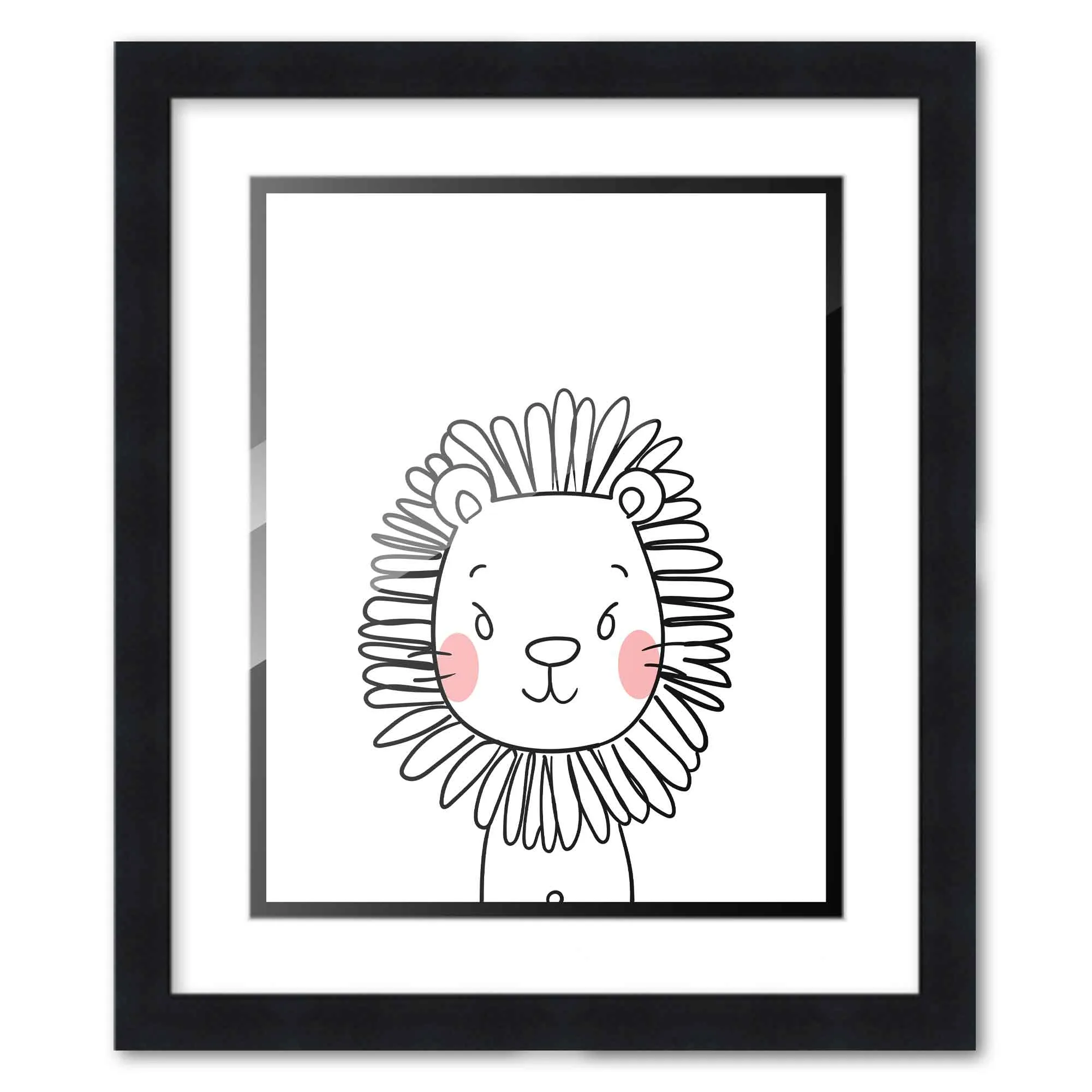 8x10 Framed Nursery Wall Art Black & White Lion Poster with White Mat in a 10x12 Black Wood Frame