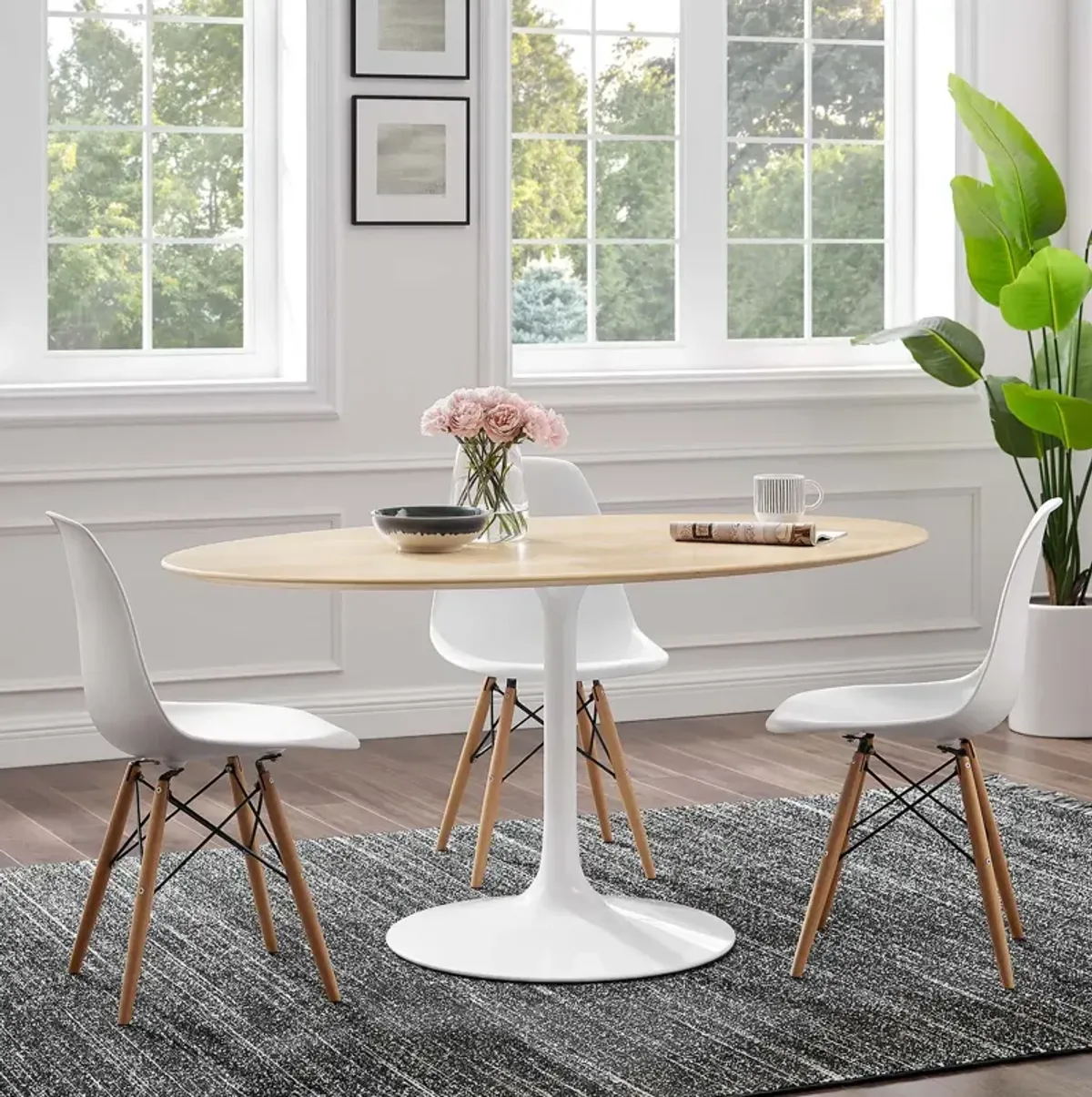 Modway - Lippa 60" Oval Natural Wood Grain Dining Table White Natural