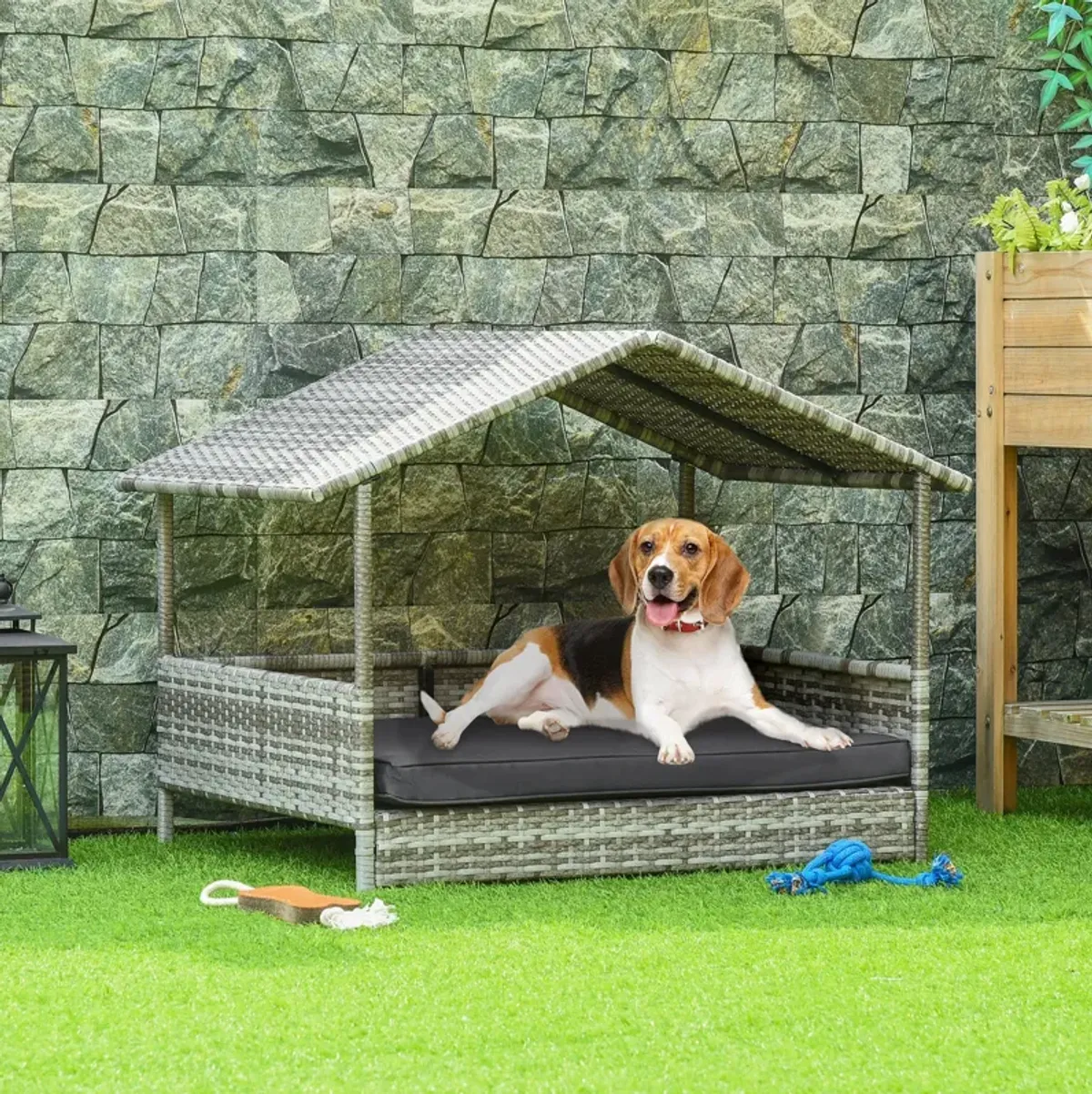 Charcoal Pet Retreat: Elevated Wicker Dog House with Removable Cushion