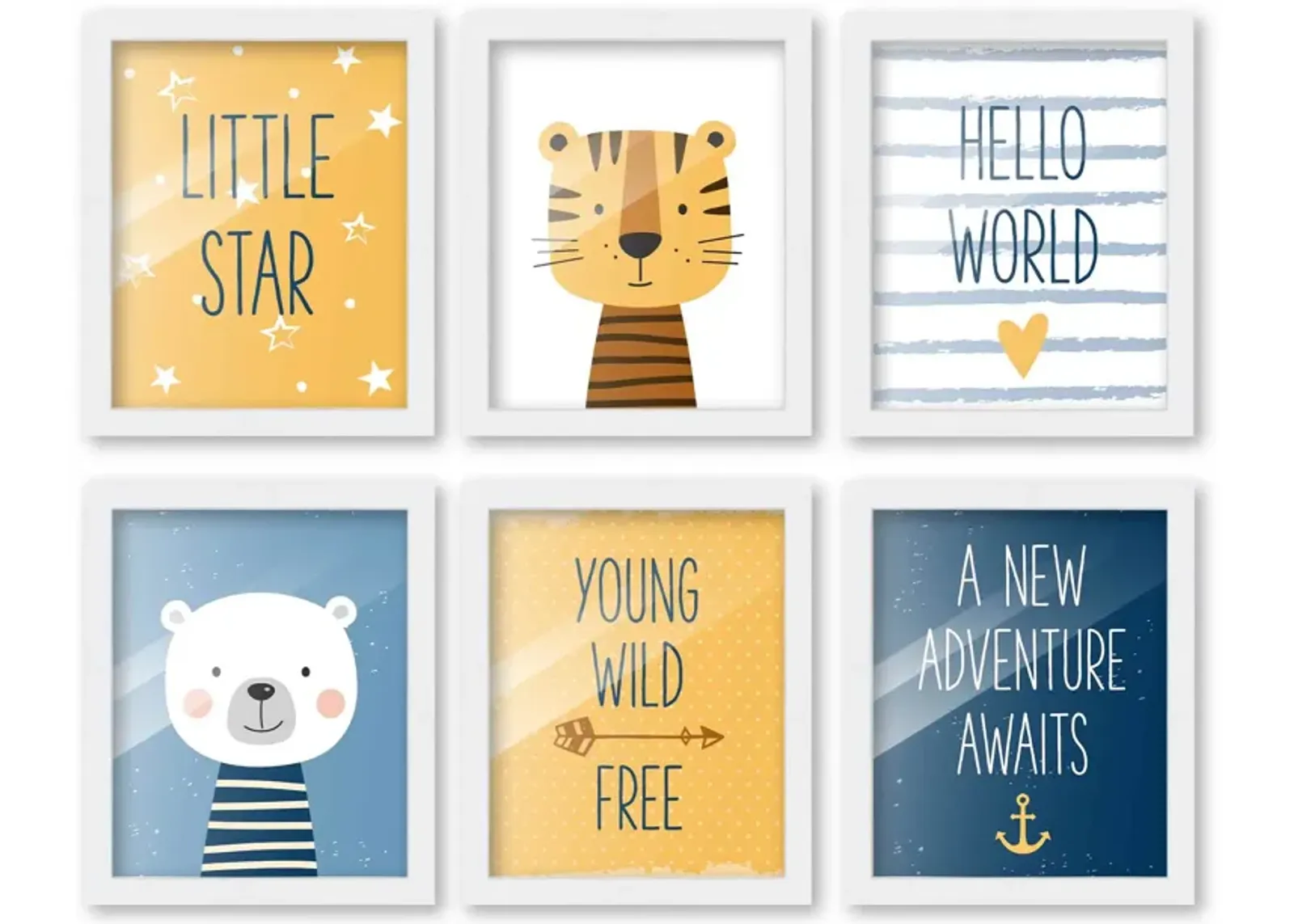 8x10 Framed Nursery Wall Art Set of 6 Hand Drawn Adventure Boy Prints in White Wood Frames