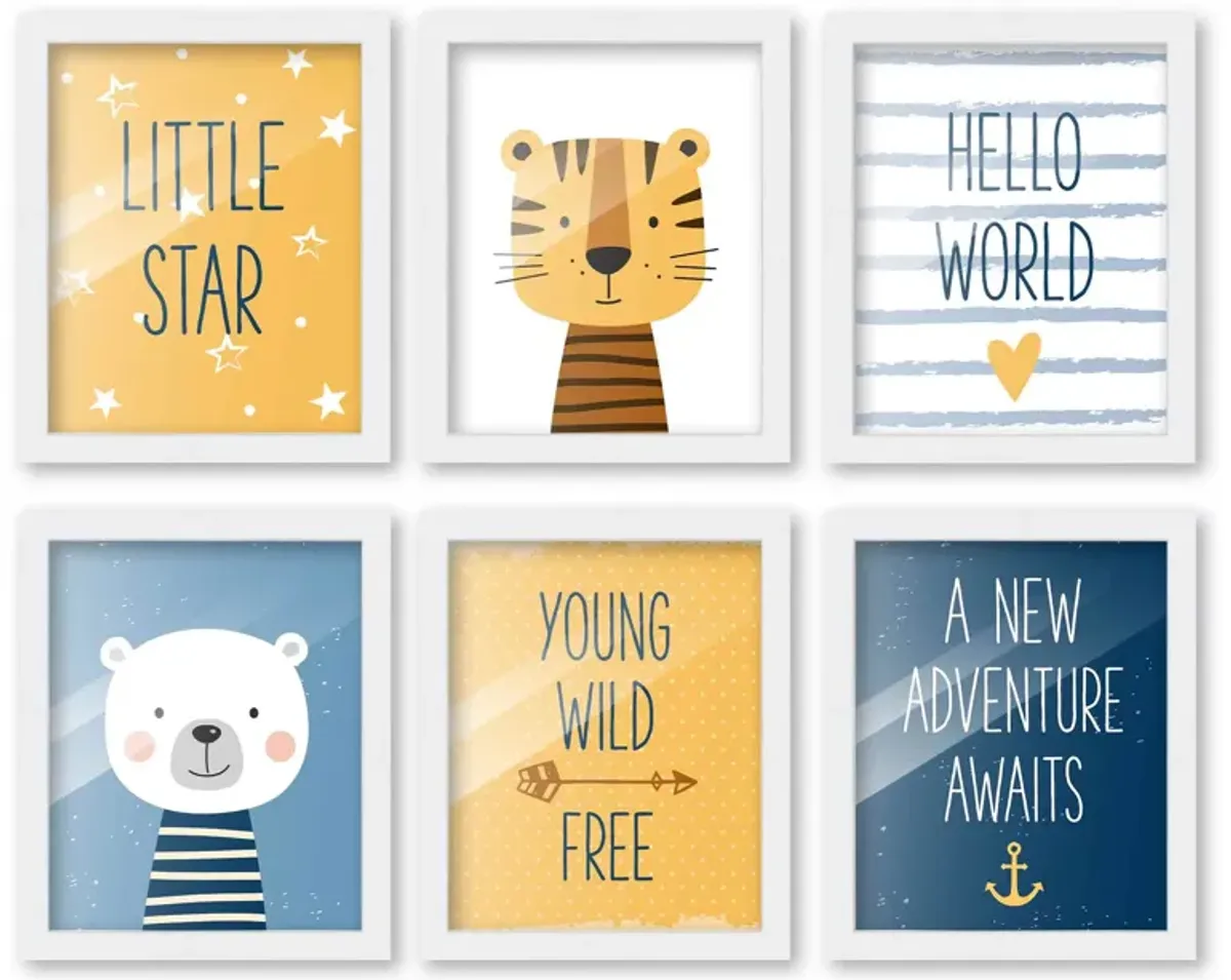 8x10 Framed Nursery Wall Art Set of 6 Hand Drawn Adventure Boy Prints in White Wood Frames