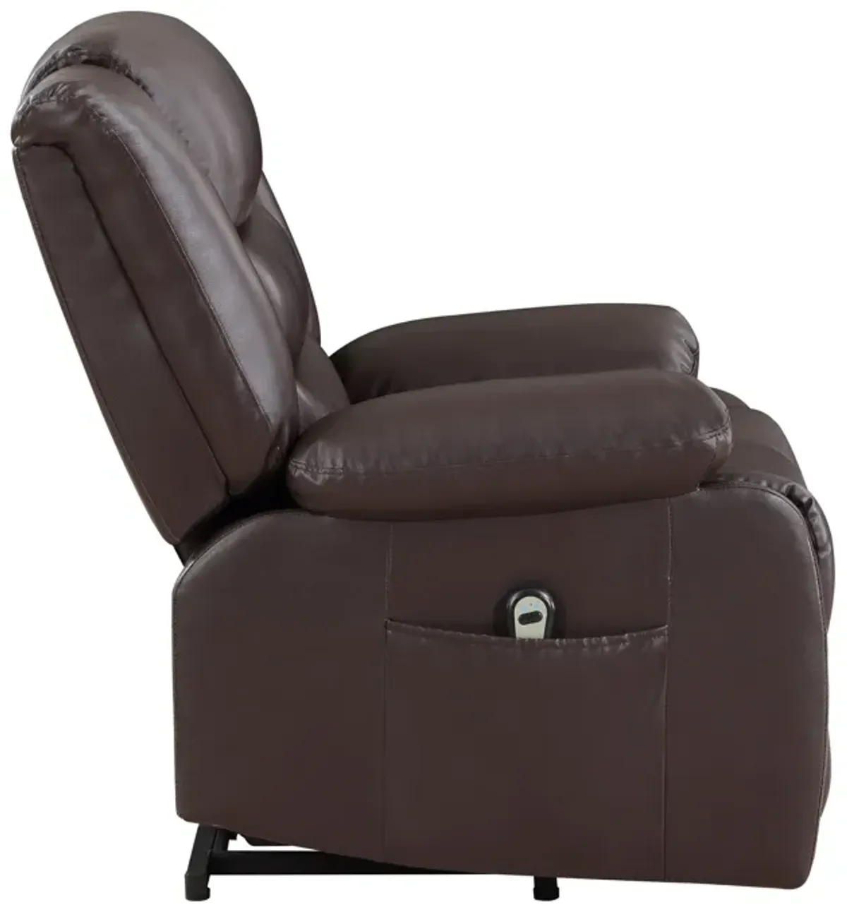 Carry 39 Inch Power Lift Recliner Chair, Solid Wood Dark Brown Faux Leather - Benzara