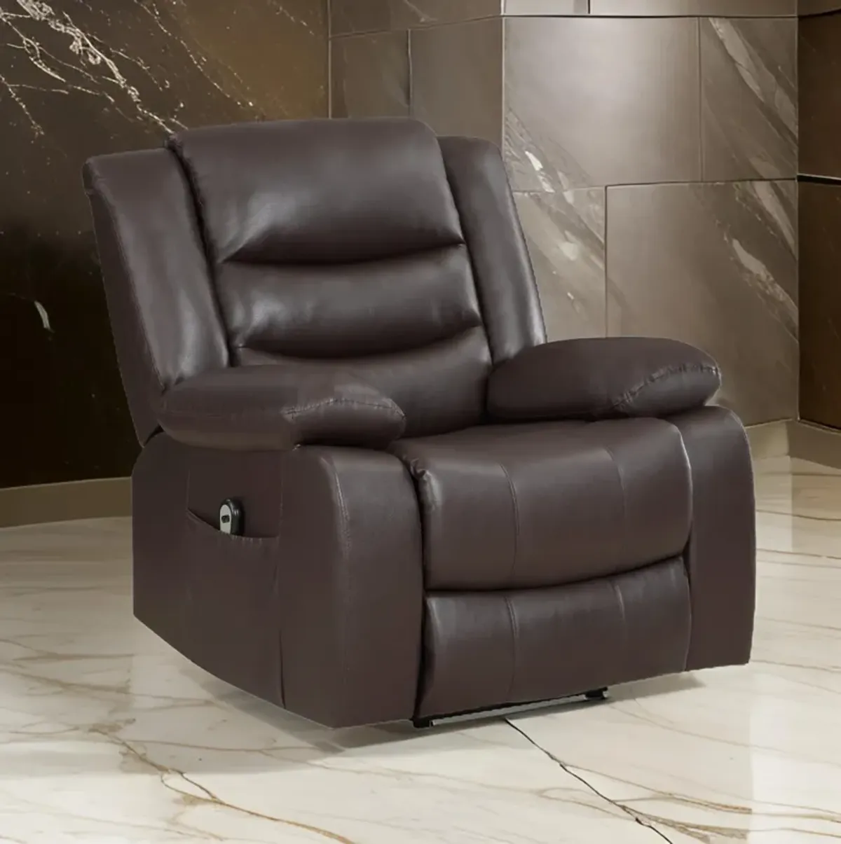 Carry 39 Inch Power Lift Recliner Chair, Solid Wood Dark Brown Faux Leather - Benzara