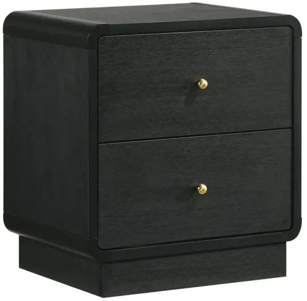 Cavy Nightstand, 2 Storage Drawers, Black Wood, Round Gold Knobs - Benzara