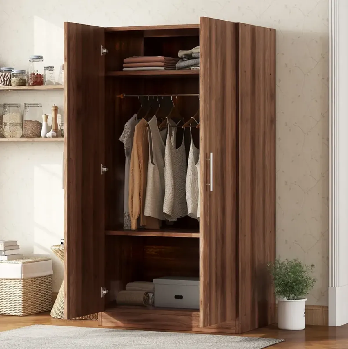 Merax 2-Door Wooden Wardrobe Armoire with 3 Storage Shelves