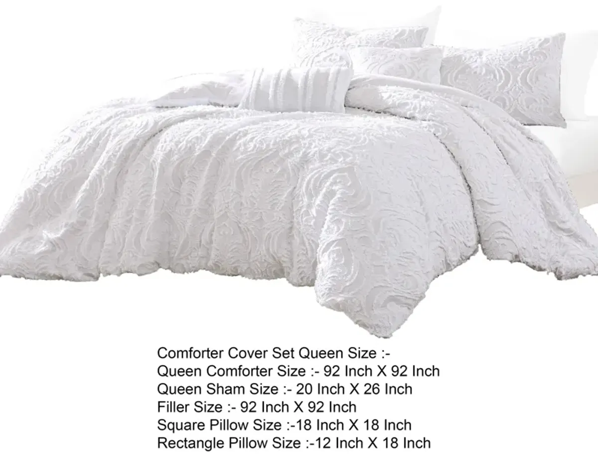 Kile Modern 6 Piece Queen Size Duvet Comforter Set, White Medallion Pattern - Benzara