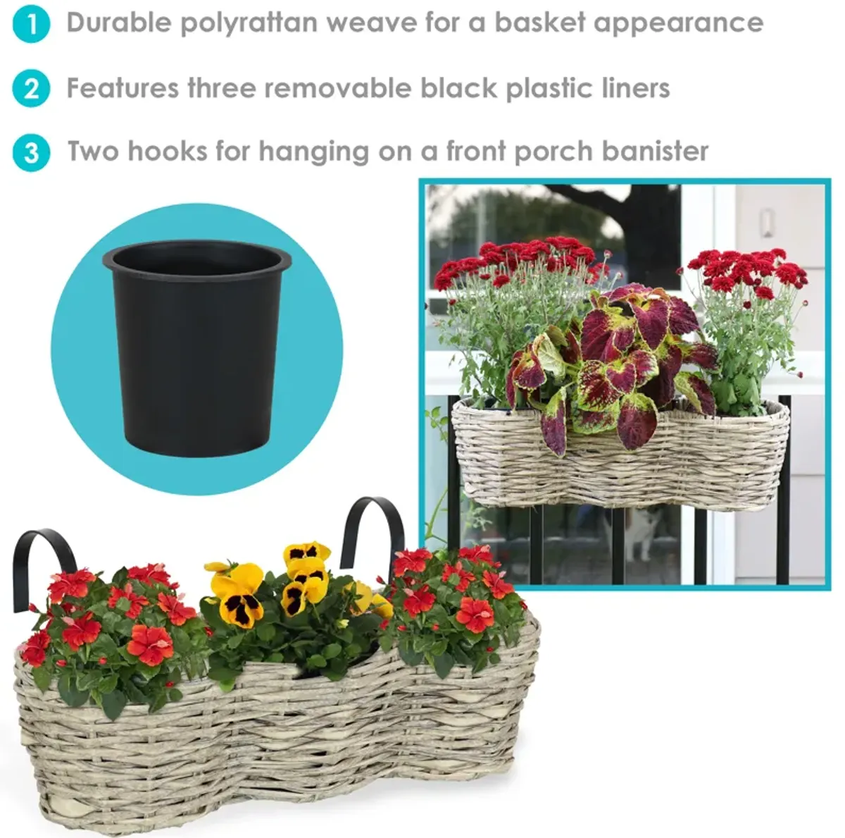 Sunnydaze Polyrattan Hanging Over-the-Rail Tri-Planter and Liner