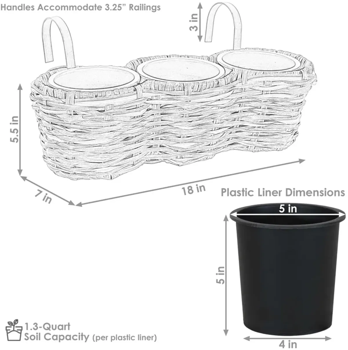 Sunnydaze Polyrattan Hanging Over-the-Rail Tri-Planter and Liner