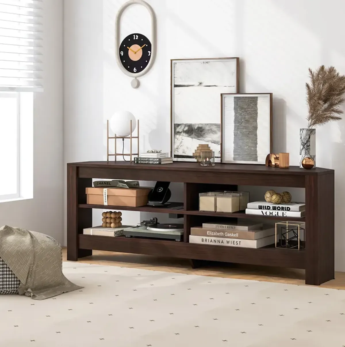 Corner TV Stand with Power Outlet and 4 Open Storage Shelves-Brown