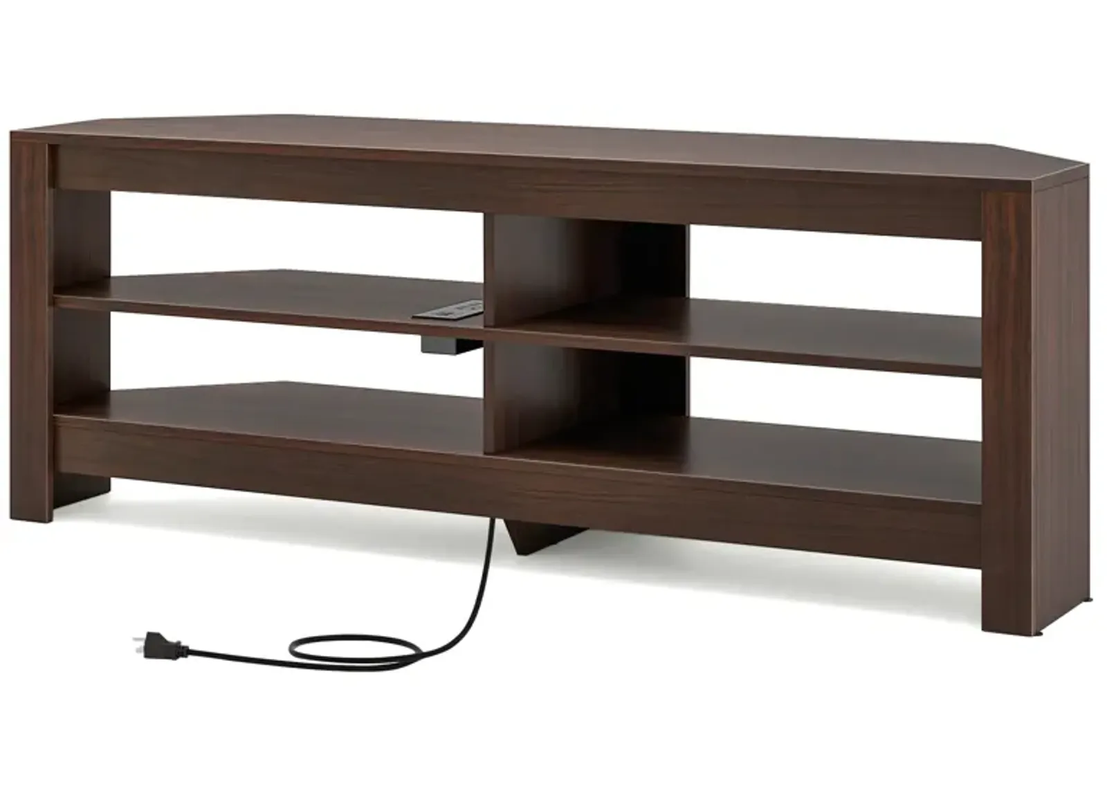 Corner TV Stand with Power Outlet and 4 Open Storage Shelves-Brown