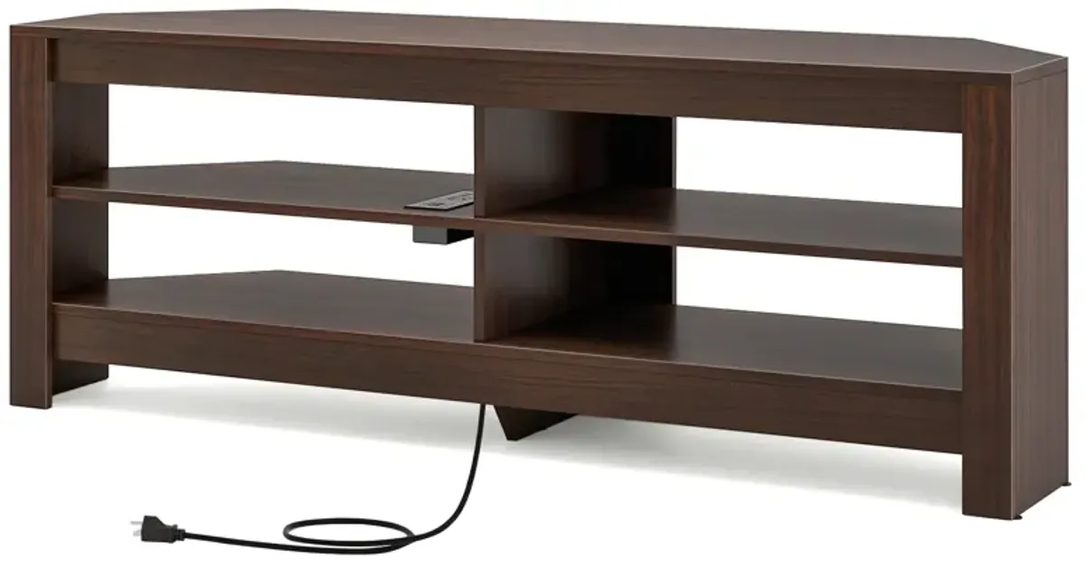 Corner TV Stand with Power Outlet and 4 Open Storage Shelves-Brown